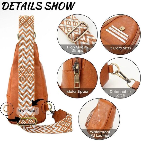 Boho Olive Green Leather Sling Bag Purse With Adjustable Guitar Strap New - Picture 6 of 9